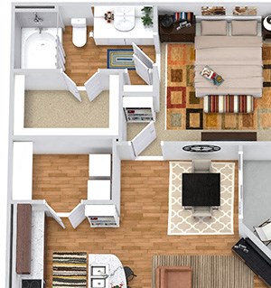 Longhorn with Garage and Fenced-in Yard Longhorn + Garage and Fenced-in Yard 3D. 1 bedroom apartment. Kitchen with island open to living/dinning rooms. 1 full bathroom. Walk-in closet. Patio/balcony open to yard.